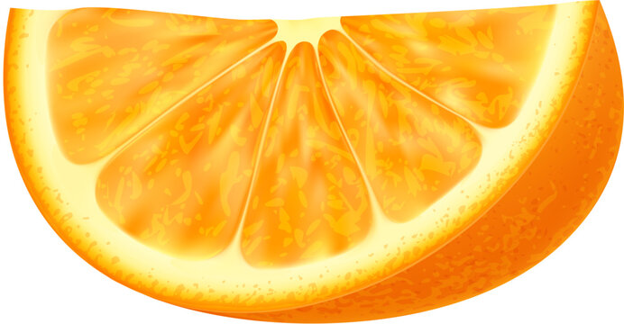 Realistic ripe raw orange fruit wedge slice revealing its fresh, succulent interior. Isolated 3d vector juicy citrus fruit part with tangy flavor and citrusy aroma. Sweet tropical plant dessert cut