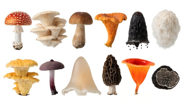 Scientific Mycological Collection Portrait of Twelve Diverse Mushroom and Fungi Species on White Background Including Fly Agaric Oyster Porcini Chanterelle Ink Cap Lions Mane Morel and Black Truffle
