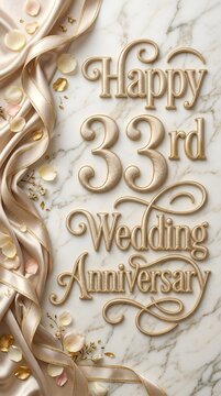 Elegant Champagne Gold Happy 33rd Wedding Anniversary Typography with Satin Ribbon and Pearl Decoration on Marble Background