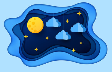Paper cut night sky with stars and clouds. Night dream and sleep paper cut vector concept. Yellow full moon, night sky shiny stars and blue clouds hanging on rope papercut background or backdrop © Buch&Bee