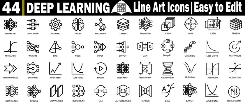 Deep learning line art icons. Easy to edit for neural networks and artificial intelligence concepts isolated on a background vector illustration.