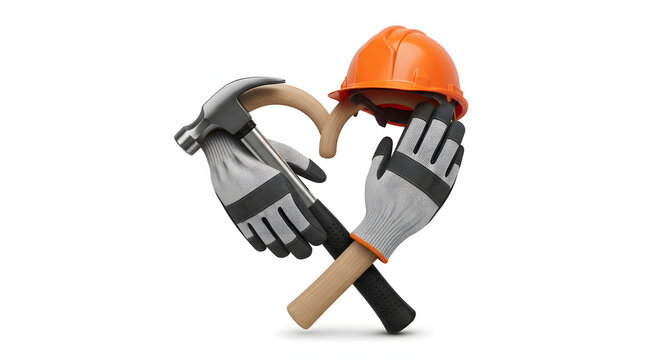Gloves and tools forming heart shape with orange safety helmet for labor appreciation concept