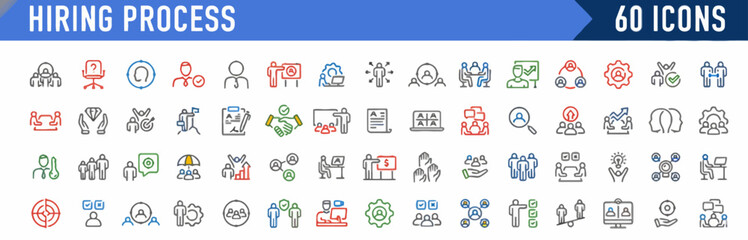 Fototapeta premium Collection of 60 icons representing the hiring process, recruitment, and human resources management