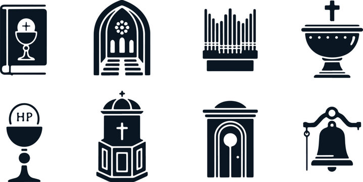 Religious interior elements icons including bible organ pulpit and confessional furniture.