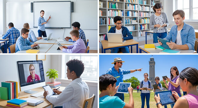 Collage showcasing modern education methods including online video calls digital tablet usage smartboard classroom lessons interactive outdoor learning engaging diverse students