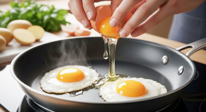 Woman cracking egg into frying pan with two sunny-side-up eggs, fresh ingredients and kitchen utensils visible in a modern kitchen setting
