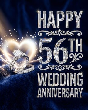 Glamorous Silver Happy 56th Wedding Anniversary Typography with Diamond Ring and Glowing Heart on Dark Blue Background