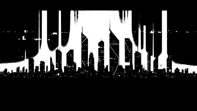 Glitchy cityscape with distorted skyscrapers and digital noise effects texture design isolated on transparent background
