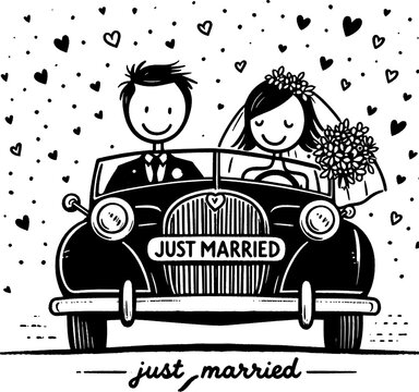 Newlyweds' Joyful Ride: A charming illustration captures the happiness of a just-married couple, embarking on their life's journey together in a classic car, framed by a cascade of hearts.