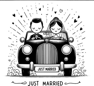 Newlyweds' Joyride: A charming illustration captures a just-married couple in a vintage car, setting off on their journey of love and togetherness with hearts and joy