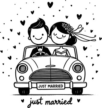 Just Married: A charming cartoon couple embarking on their journey in a classic car, surrounded by hearts. This illustration captures the joyous start of a lifetime together.
