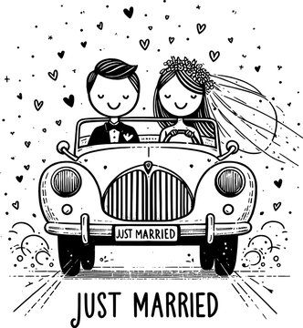Newlyweds' Joy Ride: A charming illustration captures the delightful moment of a newlywed couple embarking on their journey together in a classic car, spreading love and happiness.