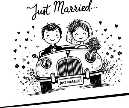 Just Married: Illustration of a joyous bride and groom embarking on their new journey in a vintage car, conveying pure happiness. 