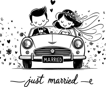 Just Married Bliss: A delightful cartoon couple embarks on their happily-ever-after journey in a classic car, spreading love and joy as they drive into the sunset. 