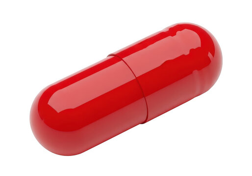 Bright red capsule pill with smooth and shiny surface isolated on transparent background
