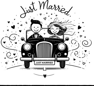 Newlyweds' Joyride: A whimsical illustration captures a joyous couple embarking on their life's adventure in a classic car, surrounded by hearts and the words Just Married.