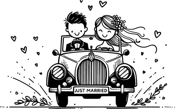Wedding Day Ride: A newly married couple embarks on a joyful journey in a vintage car, the vehicle leading them towards a future of love and togetherness, celebrating the start of their new life.