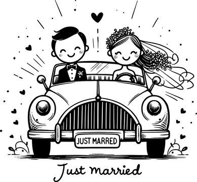 Just Married Car: A delightful cartoon illustration captures a newly married couple joyfully embarking on their journey in a classic car, symbolizing their shared adventure ahead.