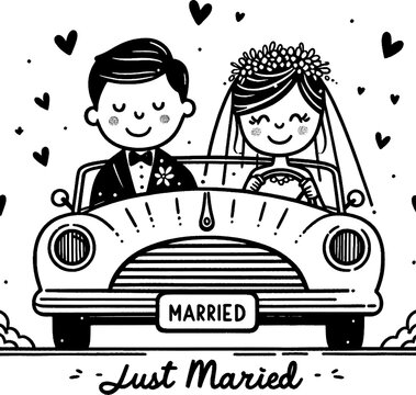 Newlyweds' Joy Ride: A charming illustration captures the joy of a just-married couple in a vintage car, setting off on their journey together with hearts and smiles.