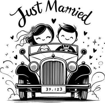 Newlyweds' Joyride: A whimsical illustration depicts a newly married couple, beaming with happiness, embarking on their life's journey in a classic vintage car.