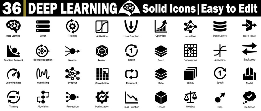 Set of deep learning solid icons. Representing neural networks, data flow, training, and optimization algorithms with a clean design on a transparent background vector illustration.