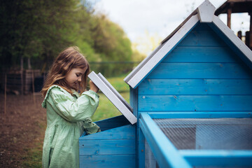 Girl taking care of chicken in family farm. © Halfpoint