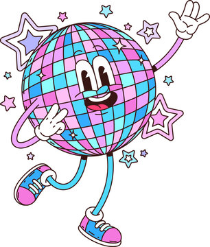 Dancing blue and purple disco ball cartoon groovy character. Nightclub glitterball funny retro groovy mascot, music party disco ball vector personage. Club music discoball cute character with stars