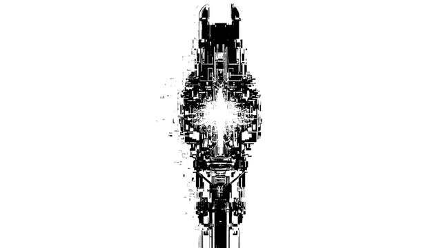 A black and white illustration of a futuristic robotic face with glowing light texture design isolated on transparent background