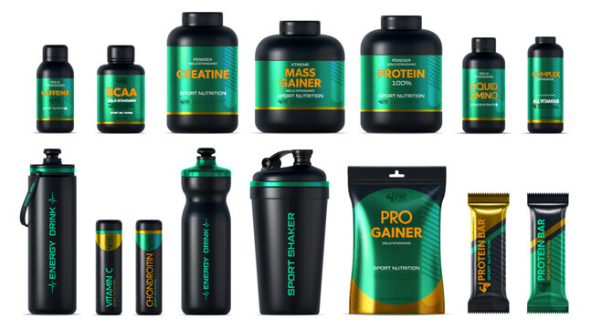 3d sport nutrition package and bottle mockup, whey protein. Black plastic containers, shaker and bars. Realistic vector fitness supplement bottles. Gainer, creatine, bcaa, amino vitamins, energy drink