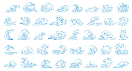 Obraz premium Asian sea wave icons, Japanese or Chinese ocean water arching peak, cresting roller, wind blown chop and frothy splash, rolling swell, breaking surf, spiraling foam. Vector blue linear wave flow set