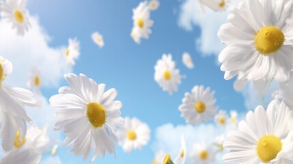 Fototapeta premium Chamomile flowers suspended in the air against a blue sky background