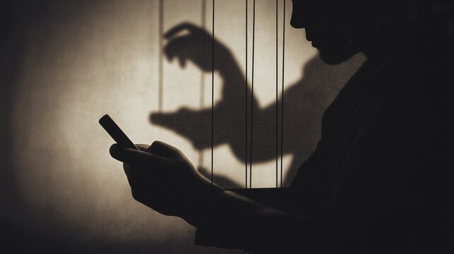 Person scrolling on phone while shadow behind shows a puppet master controlling strings