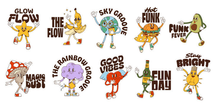 Retro funky Y2K groovy hippie characters stickers. Funky vector dancing and smiling mascots. Star, banana, avocado, lightbulb, fly agaric, Earth, burger, cloud, heart, and beer bottle for Y2K fashion