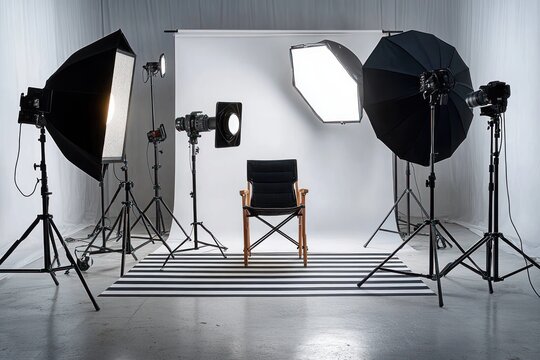empty director chair on striped rug in a professional photography studio surrounded by softboxes, umbrellas, tripods and lights, conveying anticipation and focused calm