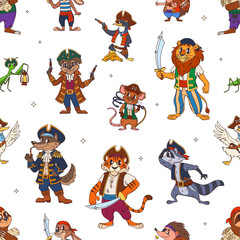 Fototapeta premium Cartoon animal pirate characters seamless pattern. Funny seagull in tricorne hat, lion, grasshopper, tiger, raccoon, mouse, wolf, dog, bunny, penguin and hedgehog in pirate costumes for kids party