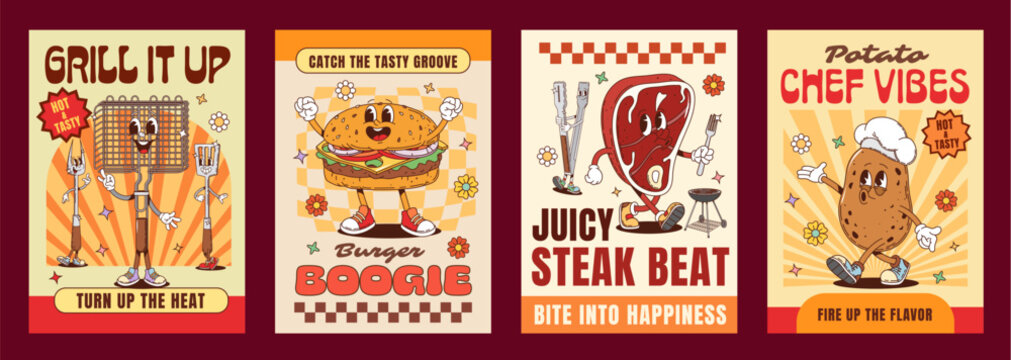 Retro barbeque groovy hippie meat characters posters with grill steak, mascot potato, funny burger and bbq grate. Funny summer flyer template with cute doodle vintage elements and checkerboard pattern