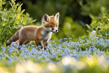 Fototapeta premium curious red fox kit standing among blue wildflowers in a sunlit green meadow