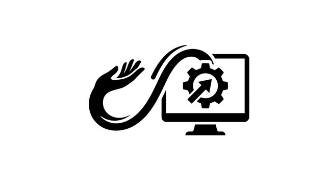 Vector Icon of a Hand Connecting to a Computer Monitor with Gear Symbol for Technical Support