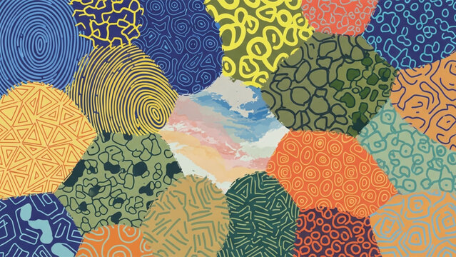 Vibrant abstract composition with colorful patterns and shapes on a textured background.