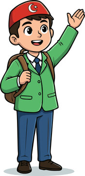 Boy Student Waving Hand Ready for School with Turkish Crescent Star Hat