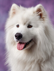 Fototapeta premium White fluffy dog portrait with purple background and soft lighting