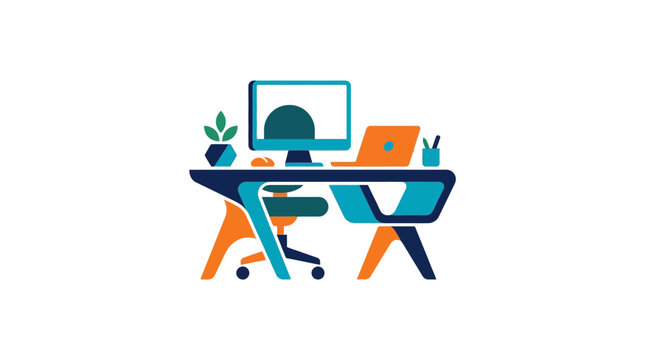 Icon Of Person Working At Desk With Laptop And Computer In Office Environment Vector Icon
