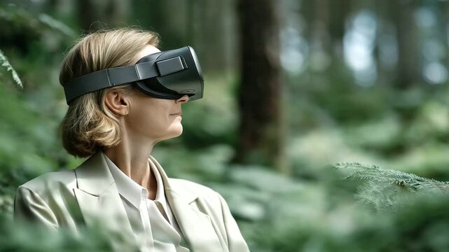 female environmentalist using AR headset to explore BCG model in virtual forest immersive sustainability experience soft digital hum three quarter wide angle cinematic color