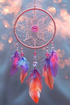 delicate crochet dreamcatcher with star web, central pink gem and hanging crystal beads with vibrant purple, pink and orange feathers against soft glowing bokeh, dreamy serene