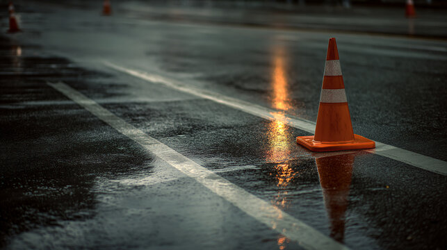 Single orange traffic cone standing on wet road markings during nighttime rain