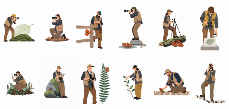 Collection of nature photographers and field researchers in various poses capturing details of the natural world, isolated on white background.