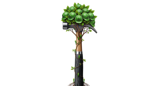 Hammer as a tree with hard hats growing like fruits