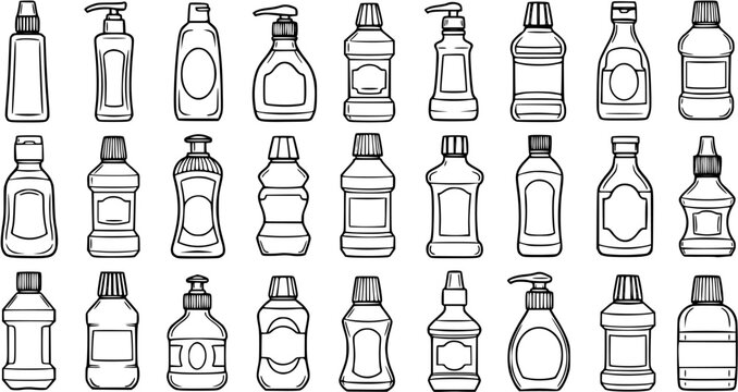 Diverse Packaging Bottles Vector Line Art Set for Household, Food, and Beauty Products - Outline Collection of Dispensers and Containers