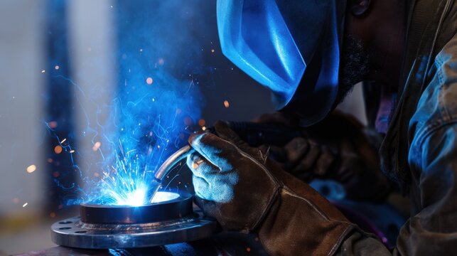 Industrial welder performing precision arc welding on a steel pipe flange, protective helmet and gloves in metal fabrication workshop