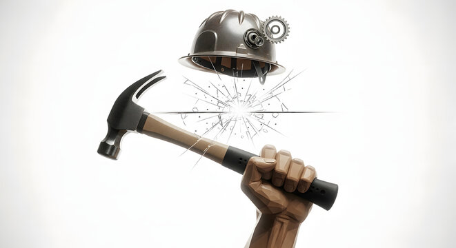 Hand smashing a helmet with a hammer